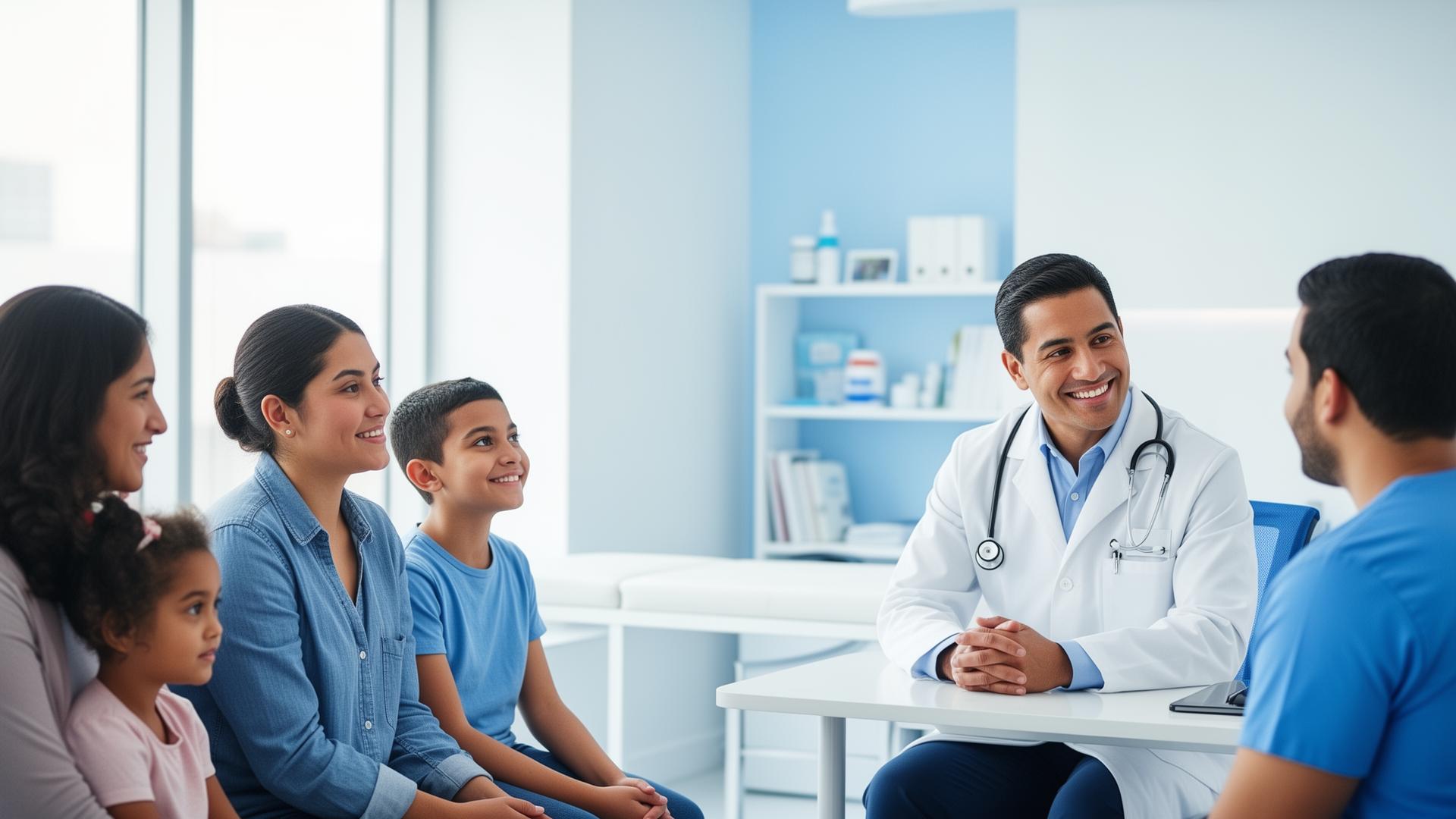Doctor hispano atendiendo familia en Clínica Familiar Centroamericana